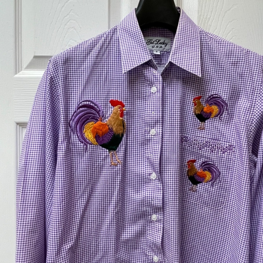 Get Lucky Shirt Women's‎ Sz S Purple Rooster Embroidered Rhinestone Button Up